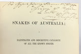 The Snakes of Australia; an illustrated and descriptive catalogue of all known species (with all 12 plates hand-colored and warmly inscribed by the author)